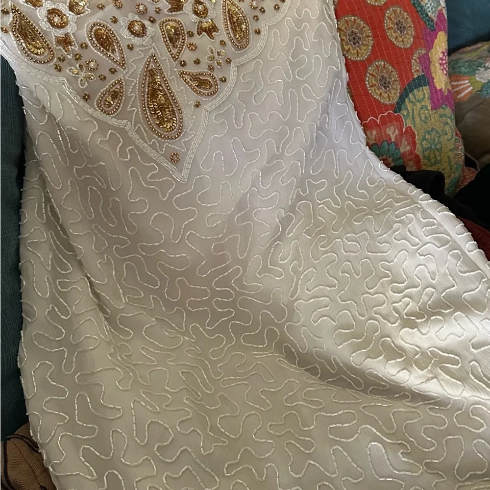 Vintage Lawrence Kazar Silk Beaded Sequined White And Gold Evening Dress Size L - Picture 7 of 7